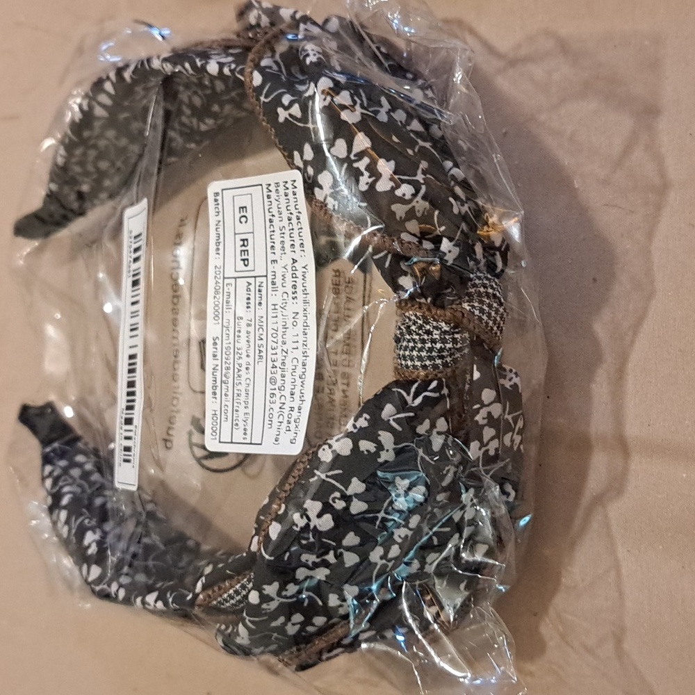 Wide Headband Floral Bow Black, Brown, and White with Checker Ribbon Accent